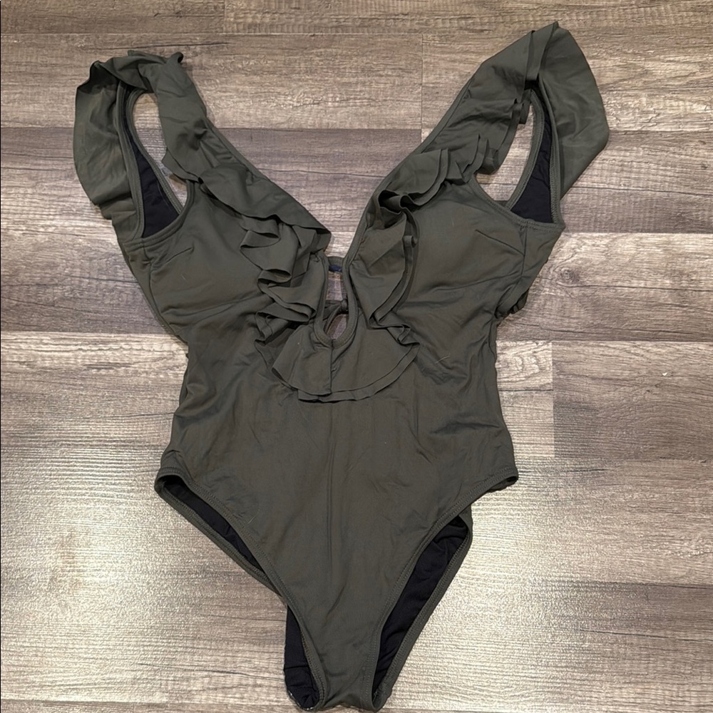 MICHAEL KORS Ruffle Deep V-Neck Green One Piece Swimsuit Size 4